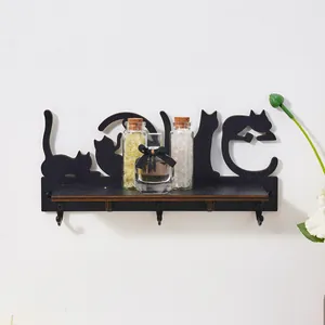 Creative Black Cat LOVE Silhouette Wooden Wall Mounted Shelf Floating Storage Rack With 3 Metal Hooks Entryway Home Decor Key Holder Organizer
