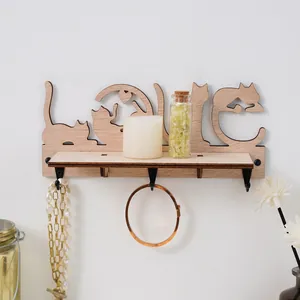 Creative wooden LOVE cat silhouette wall shelf with black hooks for home decor
