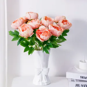 Flores de Peonía Artificiales de Alta Calidad en Tela de Satén Plisada Ramo de Flores de Simulación para Decoración de Bodas