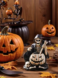 Macro view of a Halloween resin skeleton wizard figurine with white pumpkin cauldron decor