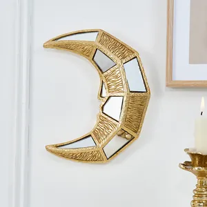 Miroir mural décoratif en forme de croissant de lune doré avec cadre en résine gaufré