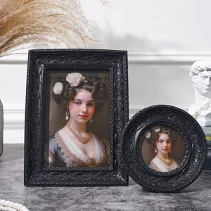 Vintage Schwarzer Harz Fotorahmen 3D Floral Relief Dark Academia Gothic Stil Desktop Dekorativ Rechteck Rund Bildrahmen Home Deko