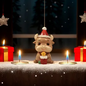 Süße Weihnachtsfigur aus Harz Ochse mit roter Weihnachtsmütze und kleiner Glocke