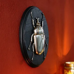 Detailed macro view of vintage silver beetle resin relief on black wooden wall plaque