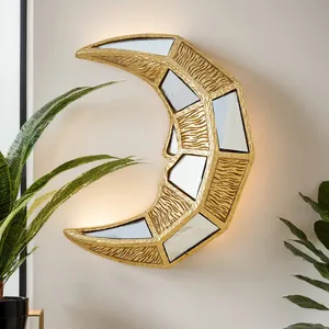 Décoration murale croissant de lune dorée avec miroirs et rétroéclairage