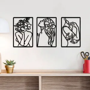 3er-Set minimalistische Wanddekoration aus schwarzem Metall mit Frauen- und Blumenmotiven