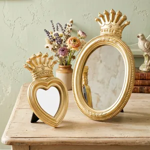 Vintage gold crown decorative vanity mirrors in heart and oval shapes for desktop decor
