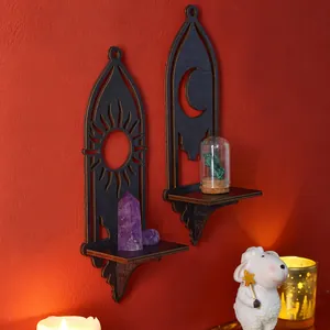 Mensole a muro gotiche in legno nero sole e luna per cristalli e decorazioni casa