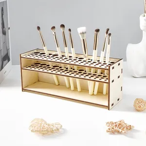 Modern Wooden Makeup Brush Holder Multi-Hole Paint Brush Storage Rack Desk Organizer For Vanity Bookshelf Home Office Beige