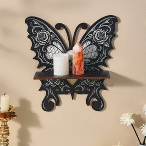Estante de Pared con Forma de Mariposa Gótica de Madera Estante Flotante Estampado de Rosa Calavera Decoración de Pared Soporte de Exhibición