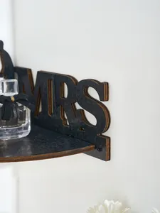 Wooden wedding wall shelf detail view, creative decorative hanging ornament for home and party.