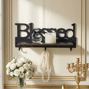 Scaffale a Parete Moderno Minimalista in Legno Nero Con Design a Intaglio Lettere Blessed Ripiano Decorativo Con Ganci in Metallo