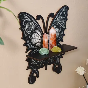 Estante de pared vintage de madera con forma de mariposa y motivo de rosa gótica de hogar