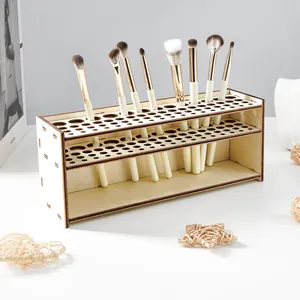 Minimalist wooden makeup brush organizer rack with multi-size holes for dressing table