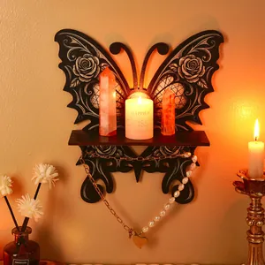 Estante de pared de mariposa gótica para cristales y velas, estante de madera decorativo