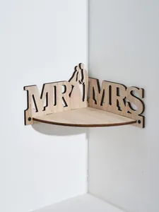 Wooden corner shelf detail, wedding decor display, creative home wall hanging ornament.