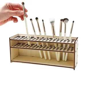 Minimalist wooden makeup brush organizer box and display rack for vanity table storage