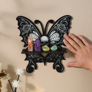 Estante de pared con forma de mariposa con calavera y rosas para decoración de cristales