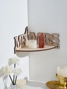 Wooden corner shelf with MR MRS text design, creative wedding home decor wall mount.