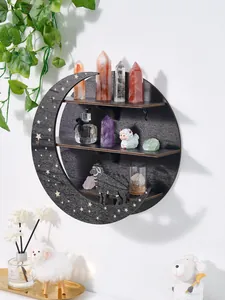 Wooden moon-shaped wall shelf with sheep silhouette used for crystal and perfume storage