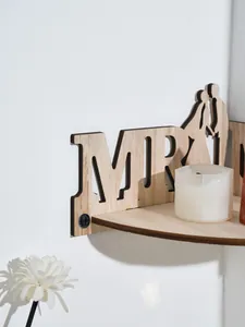 Wooden wedding corner shelf with MR letter cutouts and silhouette, rustic home decor.
