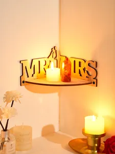 Wooden wedding corner shelf with MR MRS cutout design, romantic home decor display.