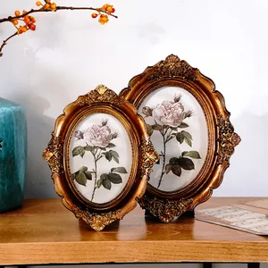 European Vintage Oval Resin Photo Frame Bronze Floral Relief Antique Style Tabletop Decoration Rose Art Picture Frame Home Decor
