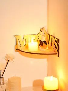 Wooden MR & MRS corner wall shelf for wedding home decor, romantic couple silhouette display.