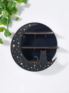 Black circular wooden wall shelf featuring a moon and cat design for creative home decor