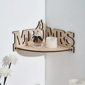 Wooden wedding corner shelf with MR and MRS cutout design for home decor and party display.