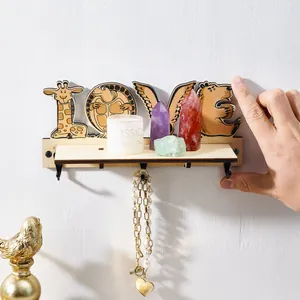 Estante de pared minimalista de madera con animales y letras LOVE para decorar hogar