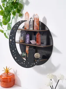 Decorative mystical crescent moon and black cat wooden wall shelf for crystal display