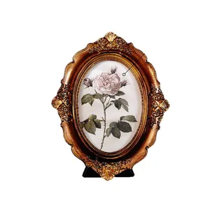 Vintage European ornate bronze resin photo frame with rose flower art print