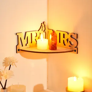 Wooden wedding corner shelf for home living room decor, romantic couple silhouette wall hanging.