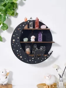 Detailed view of moon-shaped wooden wall shelf with crystal display and sheep motif