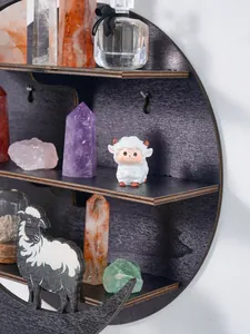 Macro view of a circular wooden wall shelf with animal sheep decorative elements