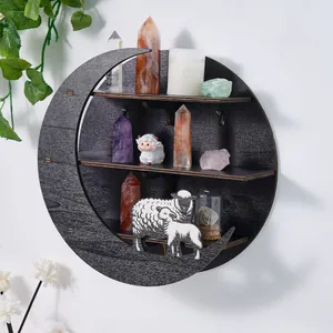 Circular wooden crescent moon wall shelf with engraved sheep design for home decor