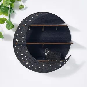 Modern black wooden circular moon wall shelf with sheep decor and three tiers for home