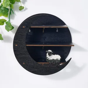 Modern creative wooden round moon wall shelf with lamb design for home decor display
