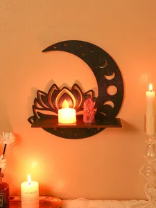 Detailed view of moon lotus wall shelf featuring spiritual crystal and candle