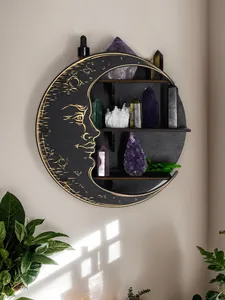 Elegant black wooden moon shelf with 3 tiers and engraved face for crystal display