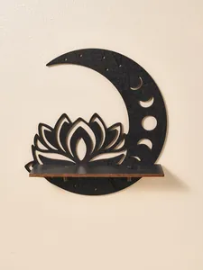 Detail view of black wooden moon lotus wall shelf for elegant home decoration