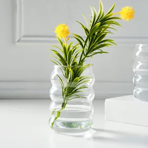 Klares Glas wellige Raupe Vase mit Gruenpflanze fuer nordische minimalistische Heimdeko Bluemen.