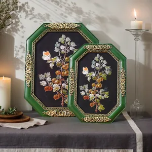 Vintage octagonal resin photo frame set with floral relief and botanical prints