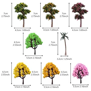 Assorted miniature artificial model trees for DIY micro-landscapes with size annotations