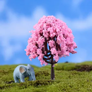 Miniature pink cherry blossom tree and elephant model for micro-landscape DIY projects