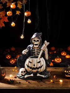 Detailed Halloween skeleton wizard figurine with pumpkin cauldron and bone staff.