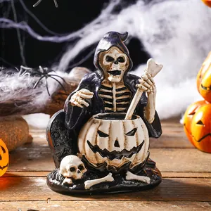 Halloween Mini Skull Wizard Figurine Purple Resin Skeleton Pumpkin Cauldron Statue Home Decor Gothic Party Prop Ornament Gift