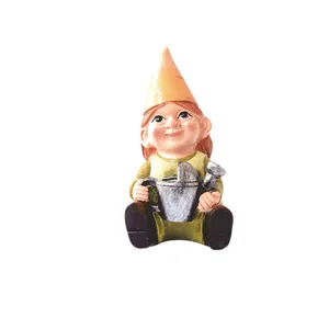 Detailed miniature European garden gnome figurine holding a small watering can for decor