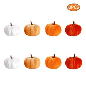 Set of 8 plush artificial pumpkins in white and orange for autumn DIY home decor